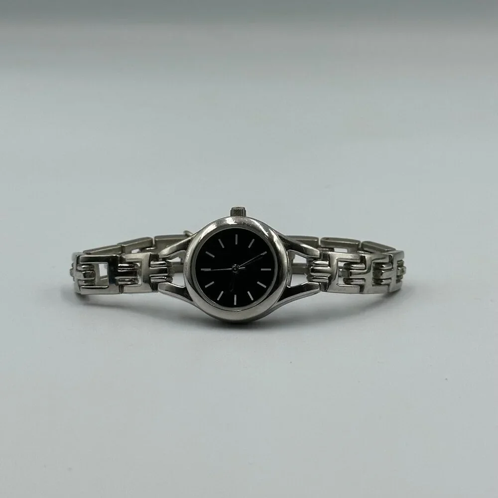 3/$30 Women Watch Silver Tone Round Black Dial Classic Minimalist 6.75